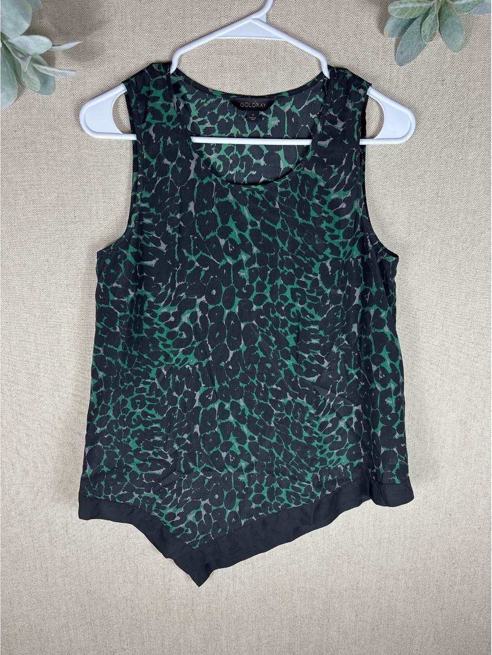 Goldray > Green Animal Print Asymmetrical Sleeveless Blouse Small